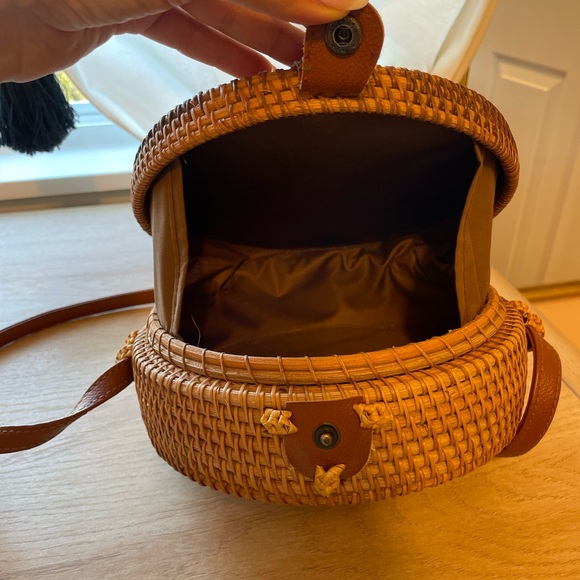 Brown Woven Round Crossbody Bag